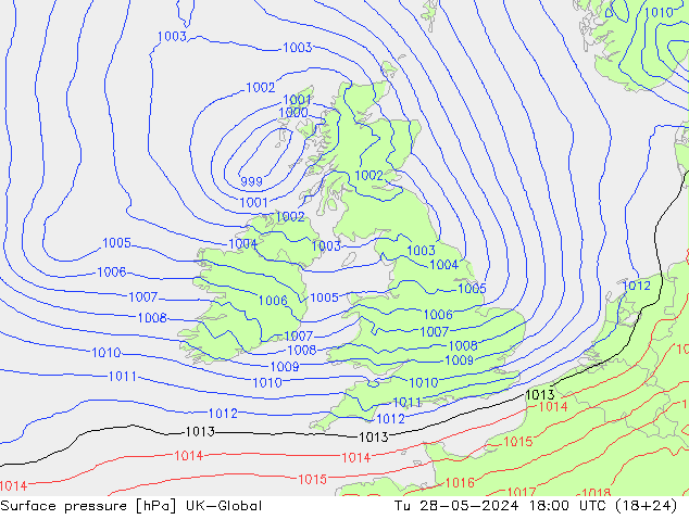 Surface pressure UK-Global Tu 28.05.2024 18 UTC