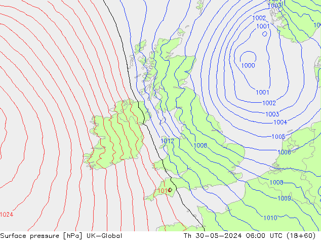 Atmosférický tlak UK-Global Čt 30.05.2024 06 UTC