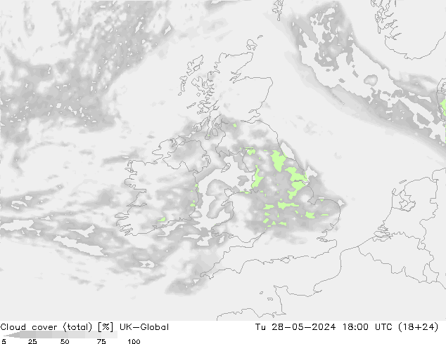 Cloud cover (total) UK-Global Út 28.05.2024 18 UTC