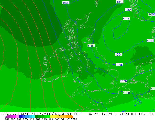 Thck 700-1000 hPa UK-Global We 29.05.2024 21 UTC