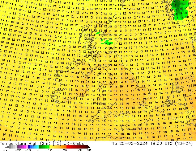 Nejvyšší teplota (2m) UK-Global Út 28.05.2024 18 UTC