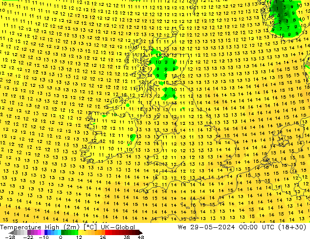Temperatura máx. (2m) UK-Global mié 29.05.2024 00 UTC