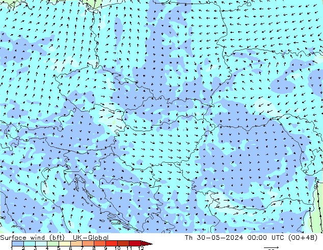 Viento 10 m (bft) UK-Global jue 30.05.2024 00 UTC