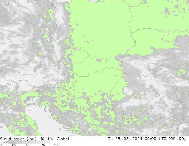 Cloud cover (low) UK-Global Tu 28.05.2024 09 UTC