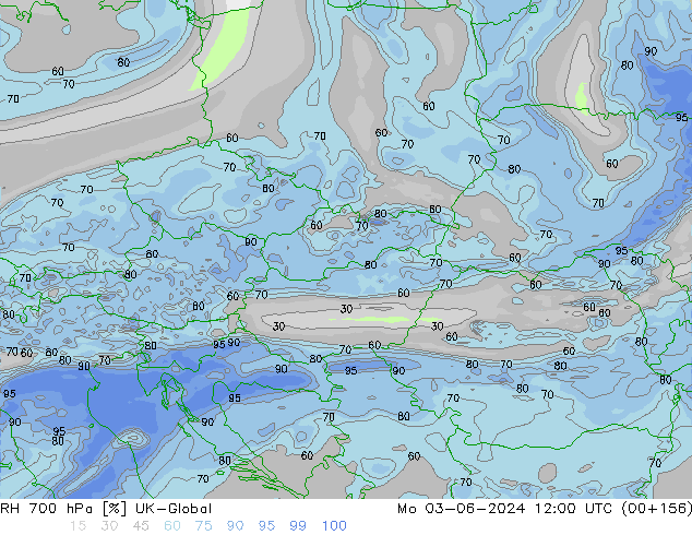 RH 700 hPa UK-Global pon. 03.06.2024 12 UTC