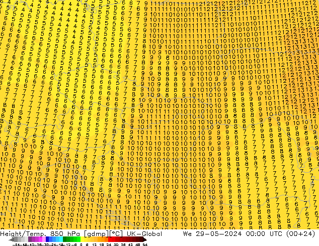 Géop./Temp. 850 hPa UK-Global mer 29.05.2024 00 UTC