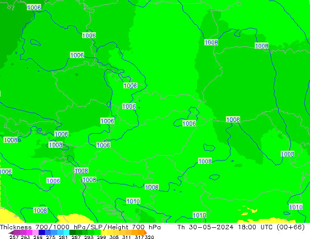 Thck 700-1000 hPa UK-Global czw. 30.05.2024 18 UTC