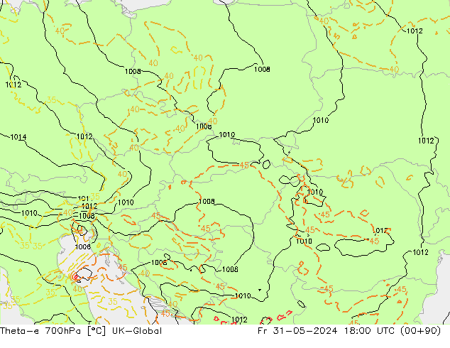 Theta-e 700hPa UK-Global Fr 31.05.2024 18 UTC