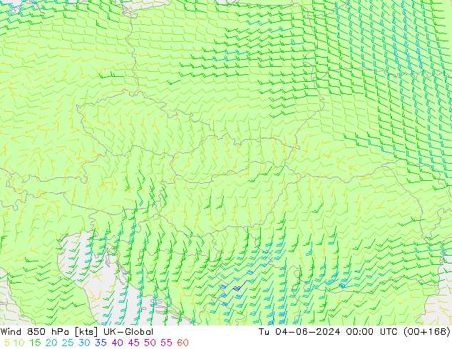 Wind 850 hPa UK-Global Út 04.06.2024 00 UTC