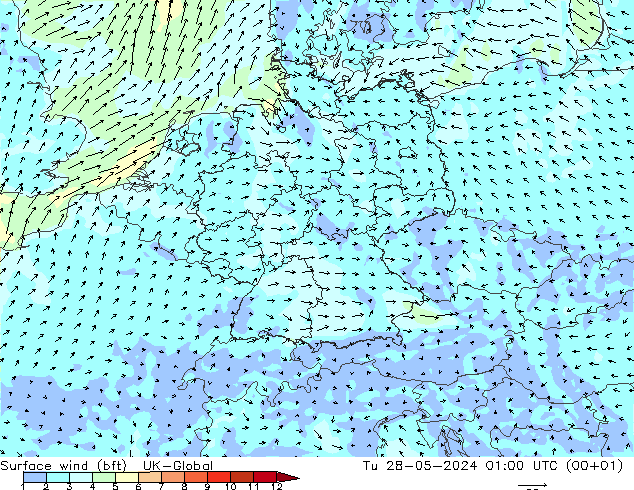 Vento 10 m (bft) UK-Global mar 28.05.2024 01 UTC