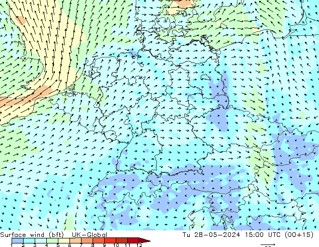 Wind 10 m (bft) UK-Global di 28.05.2024 15 UTC