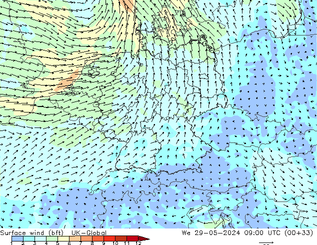 Surface wind (bft) UK-Global We 29.05.2024 09 UTC