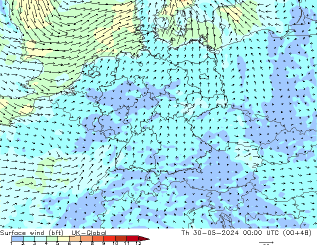 Surface wind (bft) UK-Global Th 30.05.2024 00 UTC