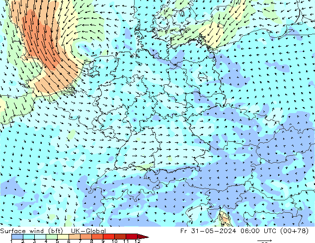 Surface wind (bft) UK-Global Fr 31.05.2024 06 UTC