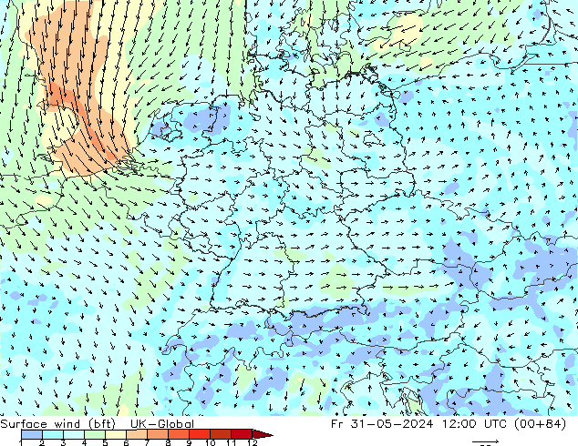Wind 10 m (bft) UK-Global vr 31.05.2024 12 UTC