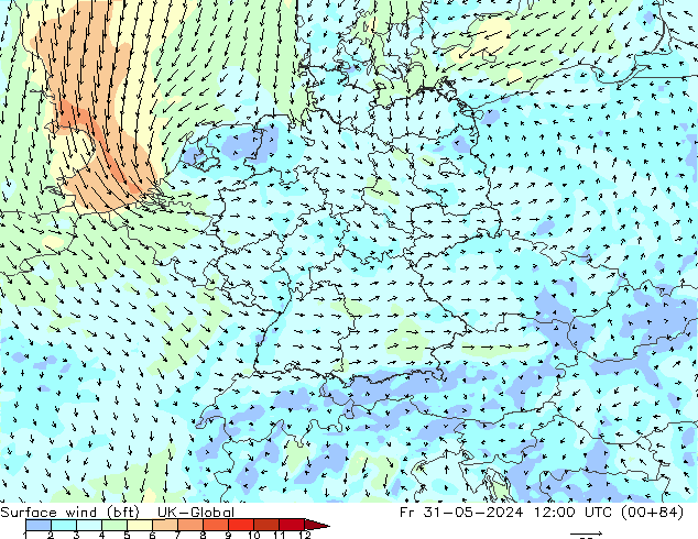 Vento 10 m (bft) UK-Global ven 31.05.2024 12 UTC