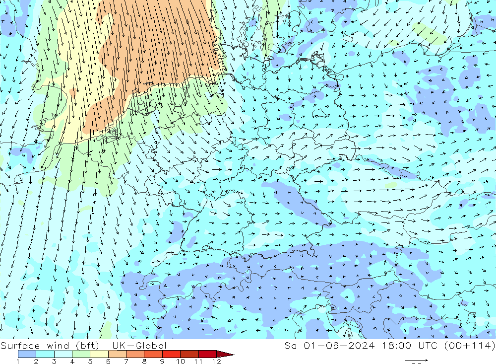 wiatr 10 m (bft) UK-Global so. 01.06.2024 18 UTC