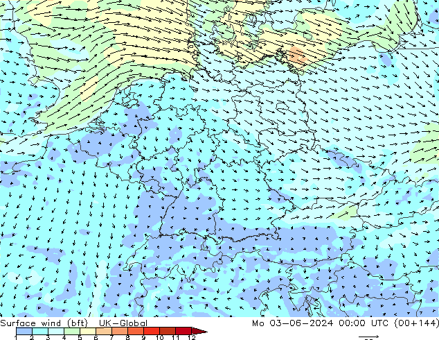 Surface wind (bft) UK-Global Po 03.06.2024 00 UTC