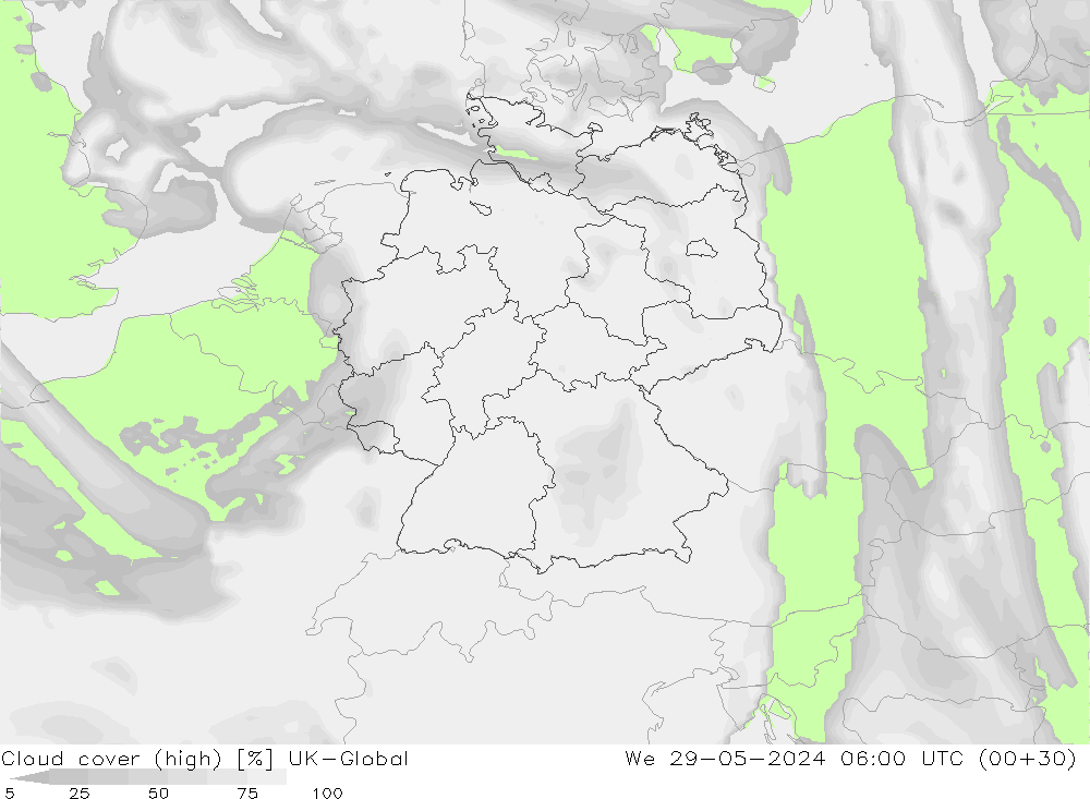 Bewolking (Hoog) UK-Global wo 29.05.2024 06 UTC