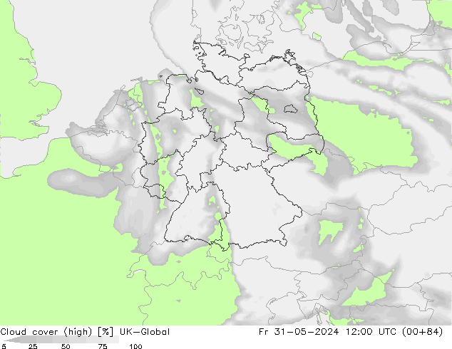 Cloud cover (high) UK-Global Fr 31.05.2024 12 UTC