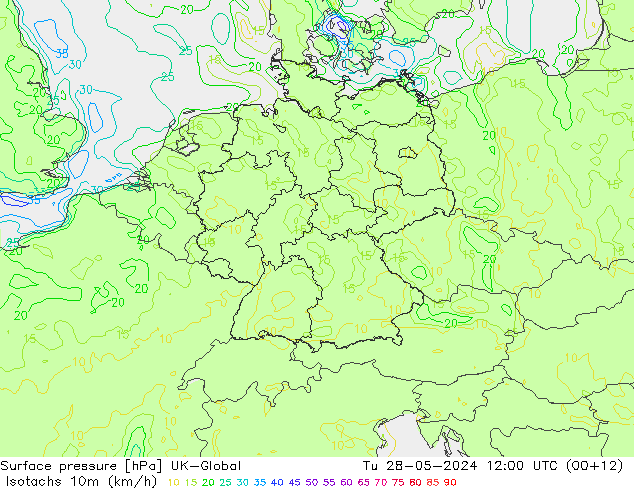 Isotachs (kph) UK-Global mar 28.05.2024 12 UTC