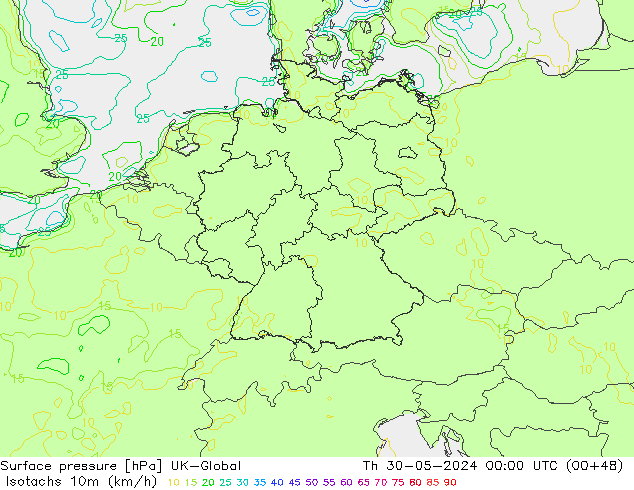 Isotachs (kph) UK-Global Th 30.05.2024 00 UTC