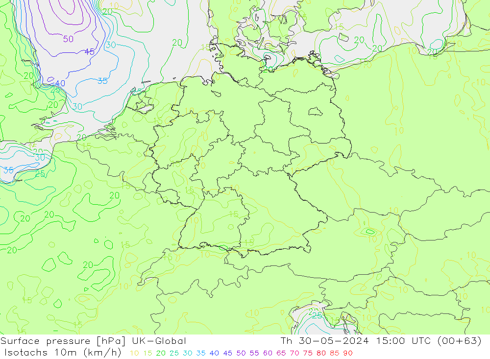 Isotachs (kph) UK-Global Qui 30.05.2024 15 UTC