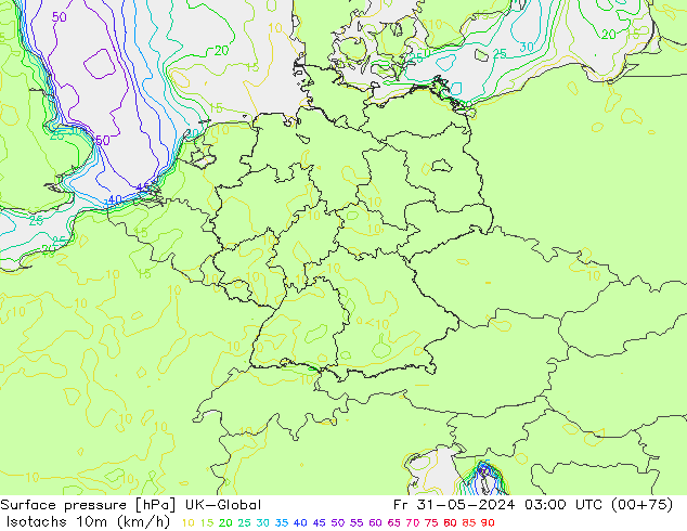 Isotachs (kph) UK-Global Fr 31.05.2024 03 UTC