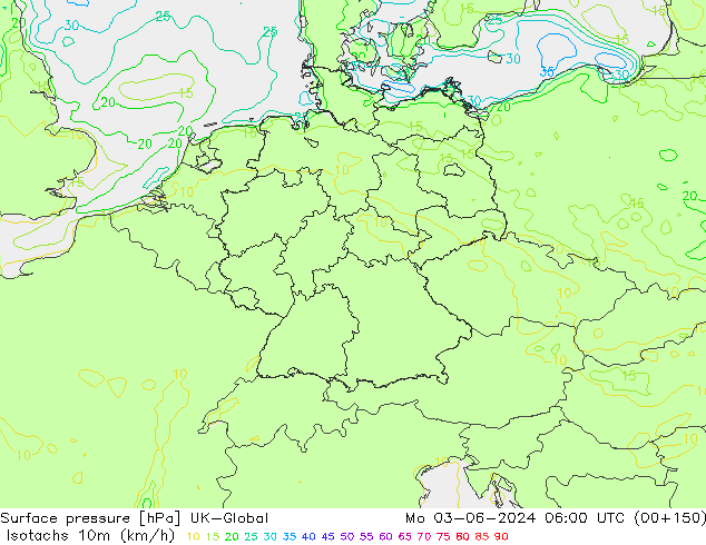 Eşrüzgar Hızları (km/sa) UK-Global Pzt 03.06.2024 06 UTC