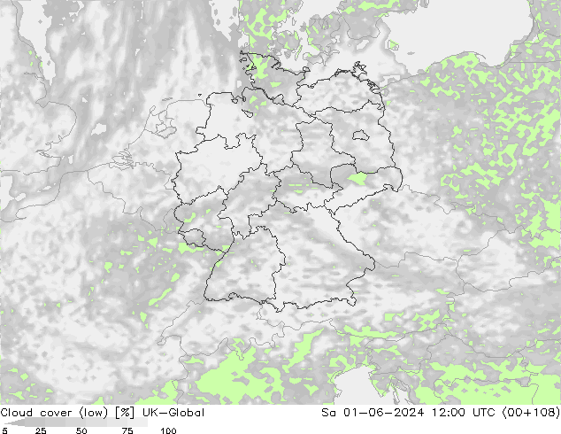 Cloud cover (low) UK-Global Sa 01.06.2024 12 UTC