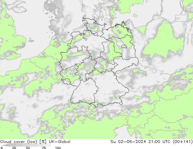 Bewolking (Laag) UK-Global zo 02.06.2024 21 UTC