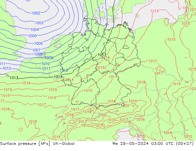 Surface pressure UK-Global We 29.05.2024 03 UTC