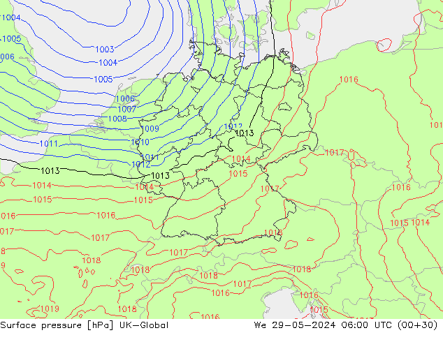 Surface pressure UK-Global We 29.05.2024 06 UTC