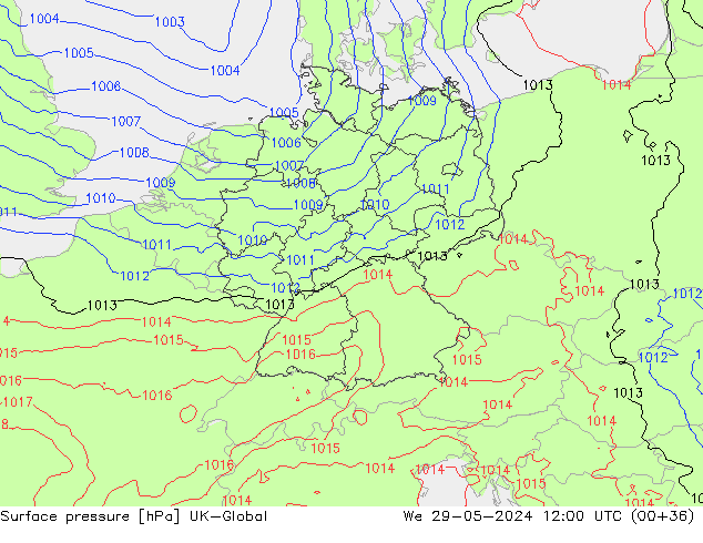 Pressione al suolo UK-Global mer 29.05.2024 12 UTC