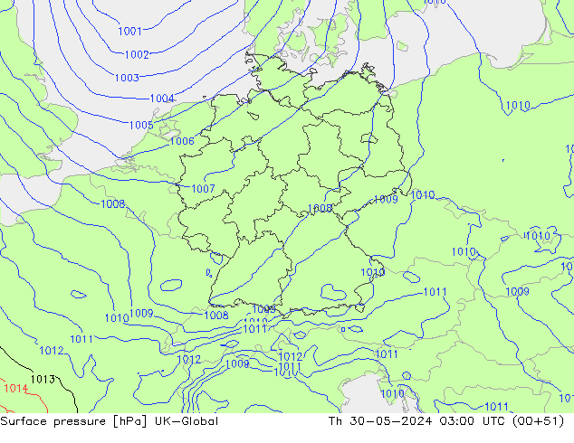 Surface pressure UK-Global Th 30.05.2024 03 UTC