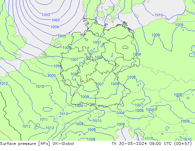 Atmosférický tlak UK-Global Čt 30.05.2024 09 UTC