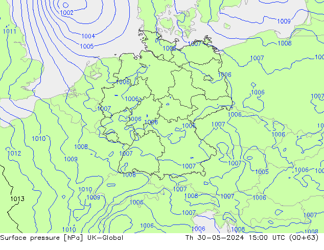 Atmosférický tlak UK-Global Čt 30.05.2024 15 UTC