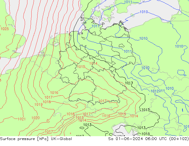 Presión superficial UK-Global sáb 01.06.2024 06 UTC