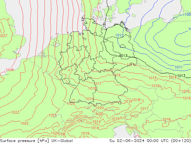 Pressione al suolo UK-Global dom 02.06.2024 00 UTC