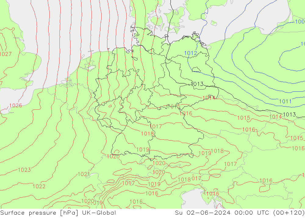 Surface pressure UK-Global Su 02.06.2024 00 UTC