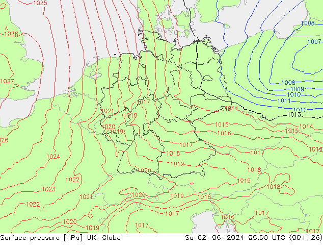 Pressione al suolo UK-Global dom 02.06.2024 06 UTC