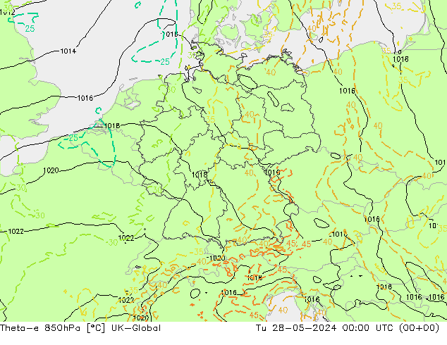 Theta-e 850hPa UK-Global Tu 28.05.2024 00 UTC