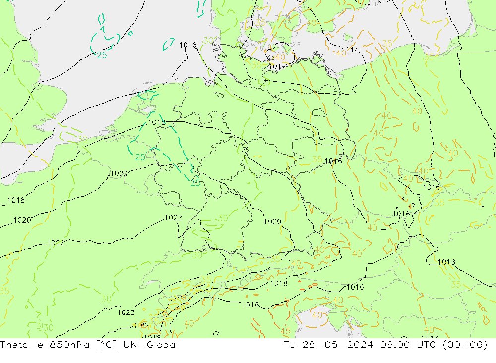 Theta-e 850hPa UK-Global Di 28.05.2024 06 UTC