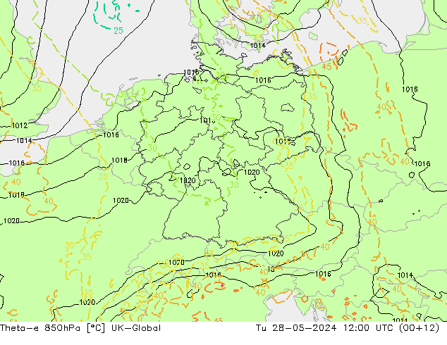 Theta-e 850hPa UK-Global Tu 28.05.2024 12 UTC