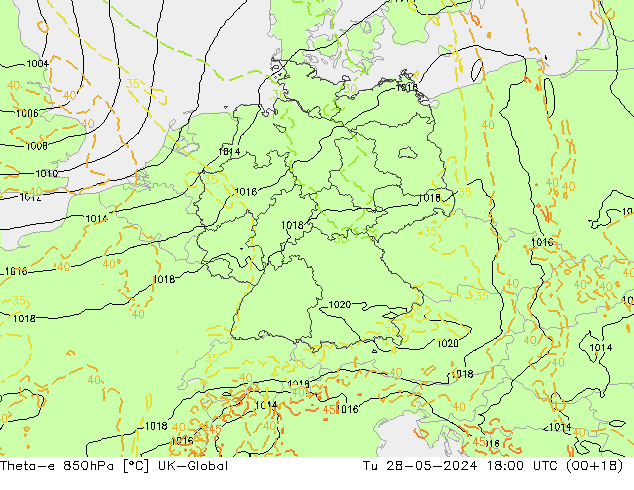 Theta-e 850hPa UK-Global  28.05.2024 18 UTC