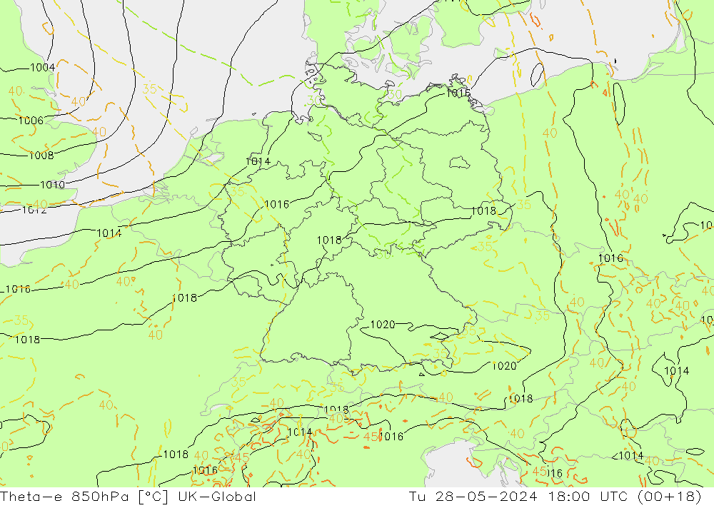 Theta-e 850hPa UK-Global Tu 28.05.2024 18 UTC