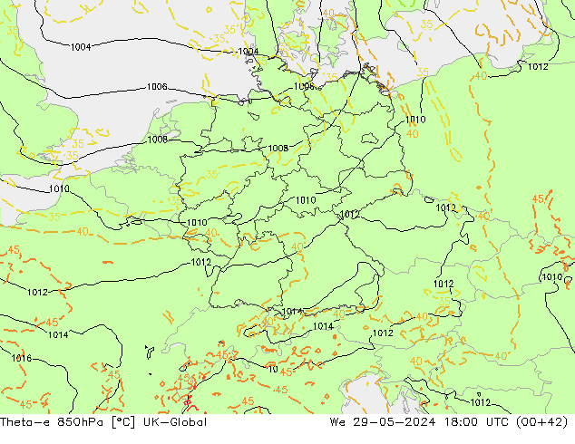 Theta-e 850hPa UK-Global mer 29.05.2024 18 UTC