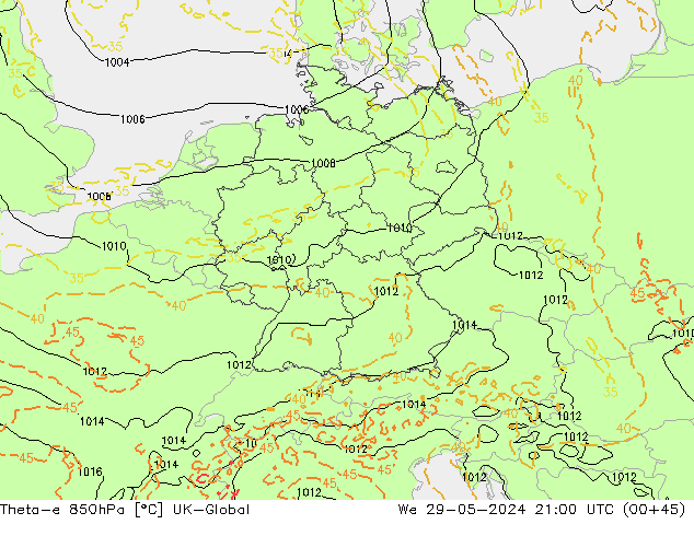 Theta-e 850hPa UK-Global Mi 29.05.2024 21 UTC