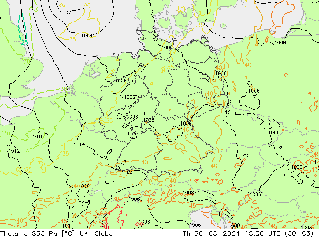 Theta-e 850hPa UK-Global gio 30.05.2024 15 UTC