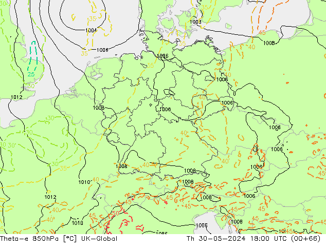 Theta-e 850hPa UK-Global Qui 30.05.2024 18 UTC